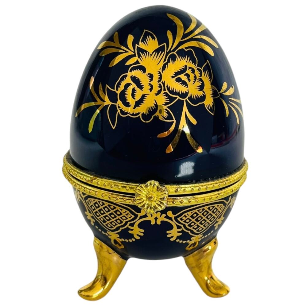 Porcelain Egg Trinket Box Hinged Footed Ring Holder Lg 4” Cobalt Blue Gold Vtg
